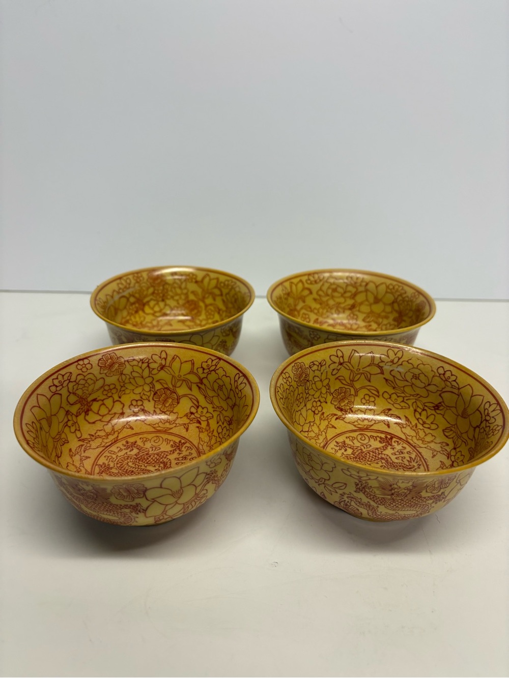Set Of 4 Chinese Yellow Glazed Porcelain Bowls Dragon Motif